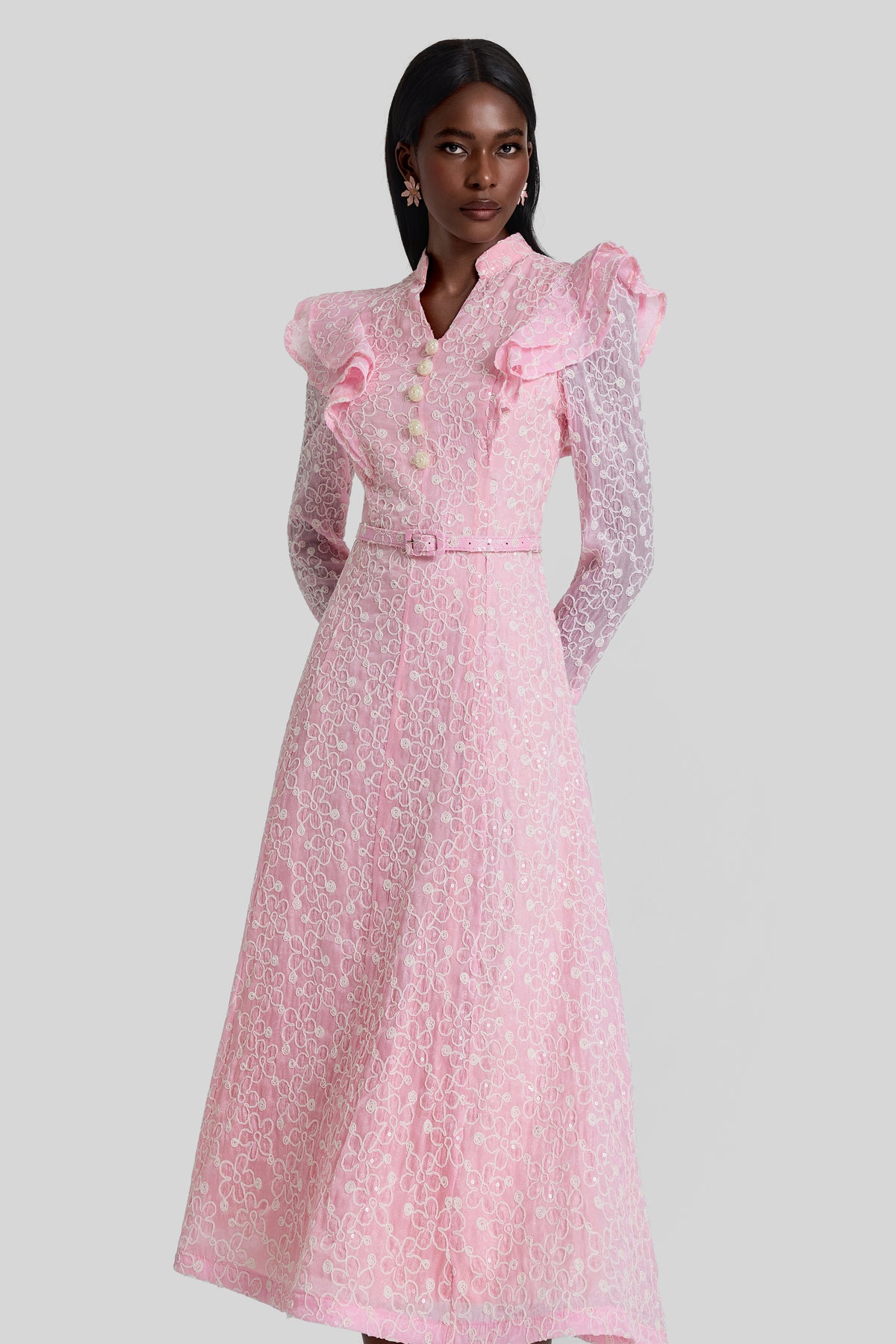 Embroidered Sequin Midi Dress With Belt