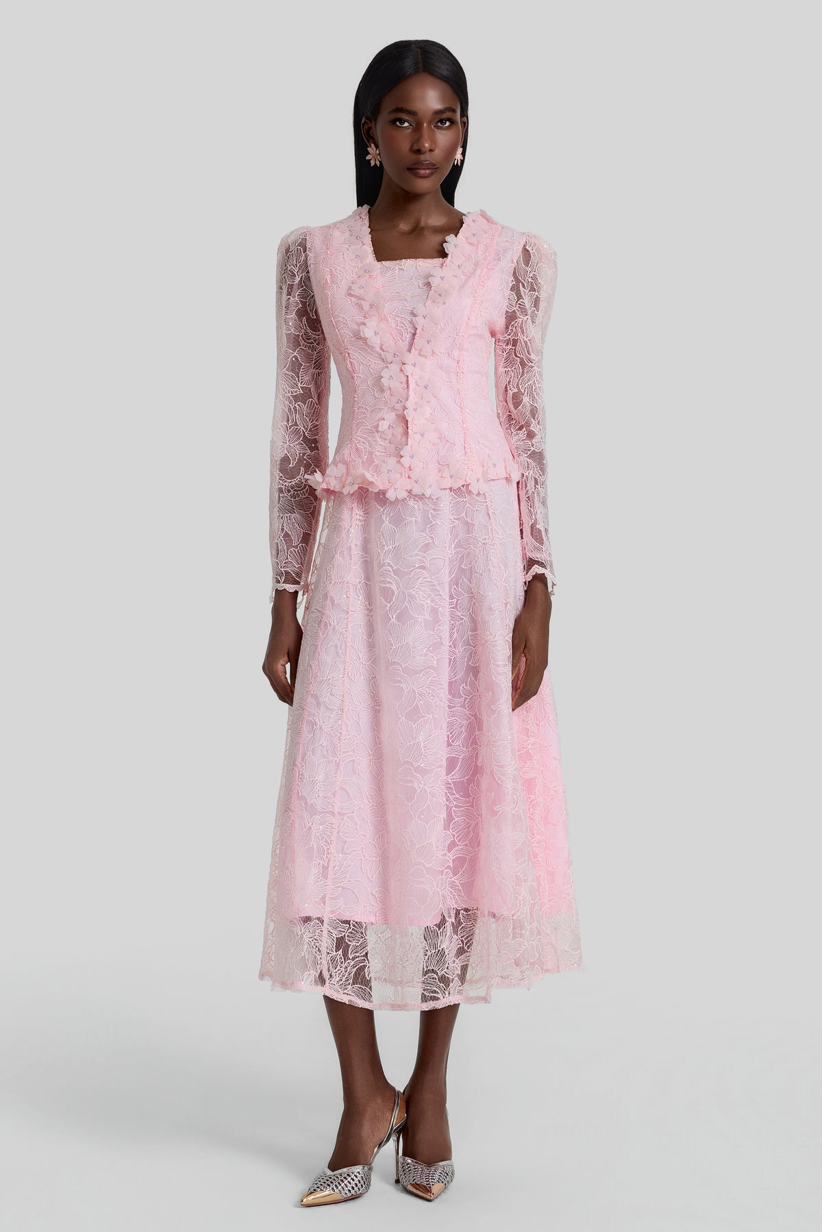 Lace 3D Flower Jacket & Sleeveless Midi Dress Set