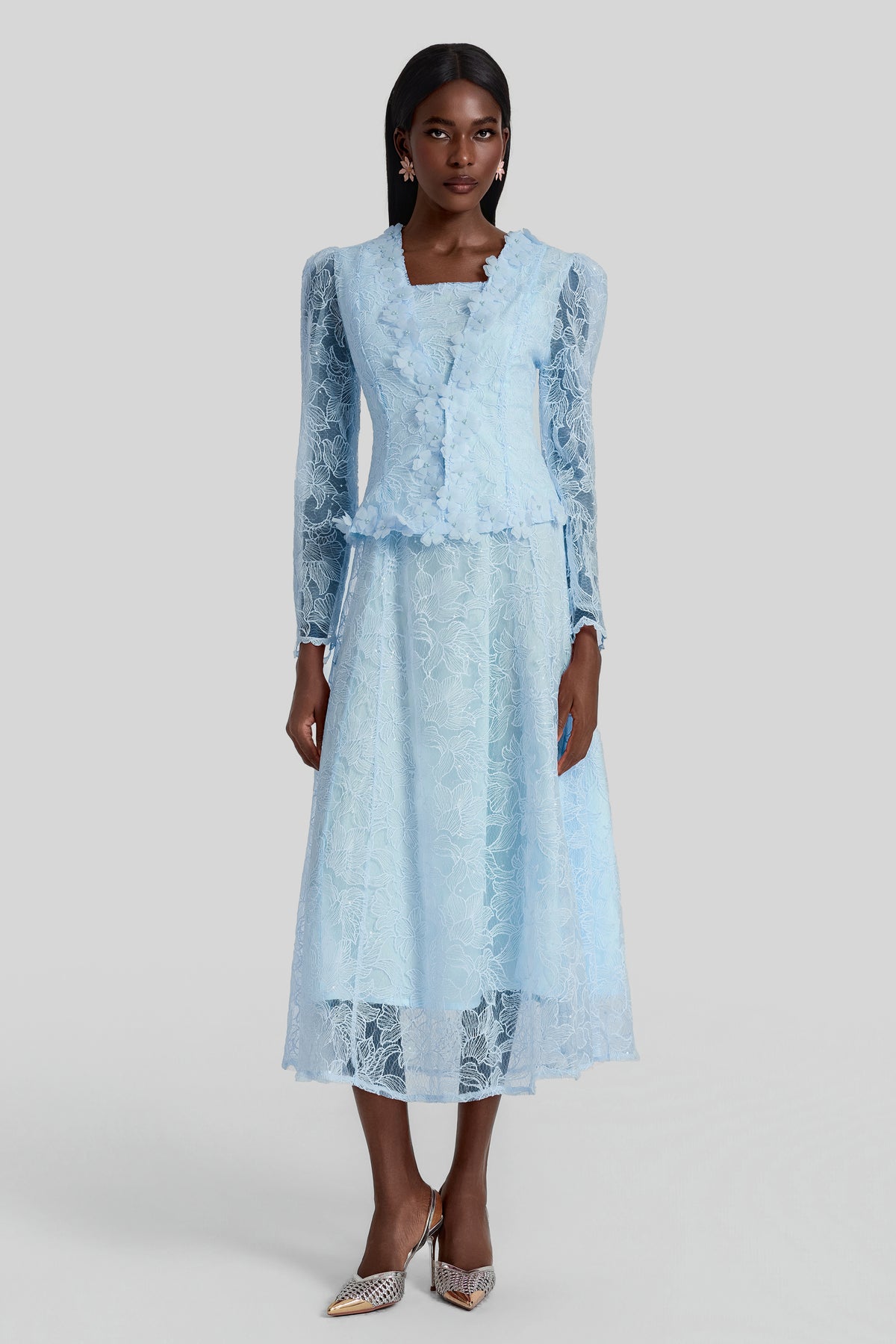 Lace 3D Flower Jacket & Sleeveless Midi Dress Set