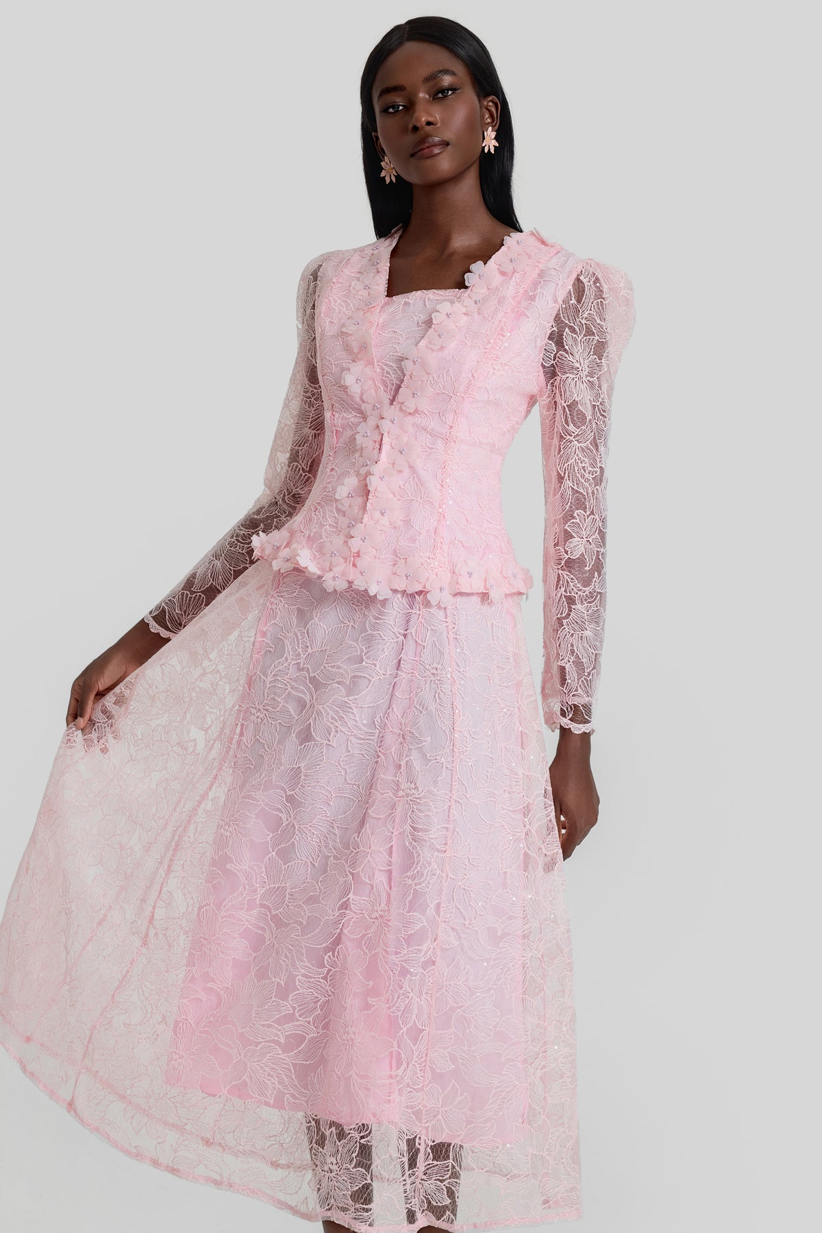 Lace 3D Flower Jacket & Sleeveless Midi Dress Set