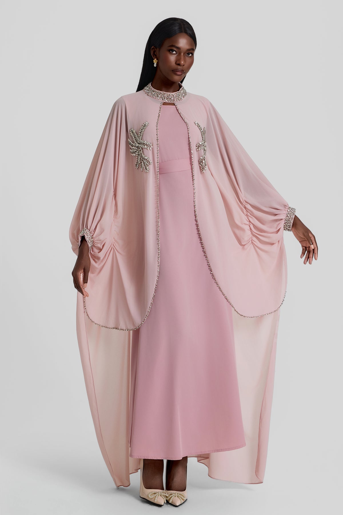 Rhinestone Rivets Batwing Sleeve Maxi Dress With Cape
