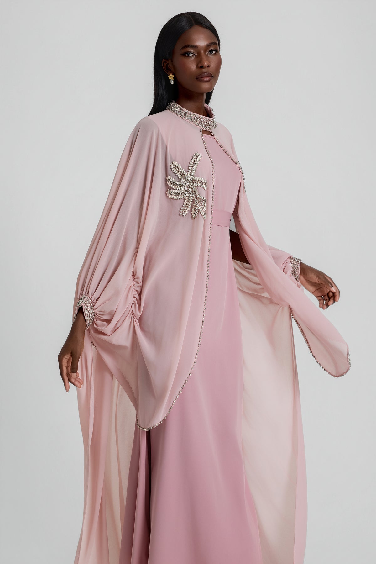 Rhinestone Rivets Batwing Sleeve Maxi Dress With Cape