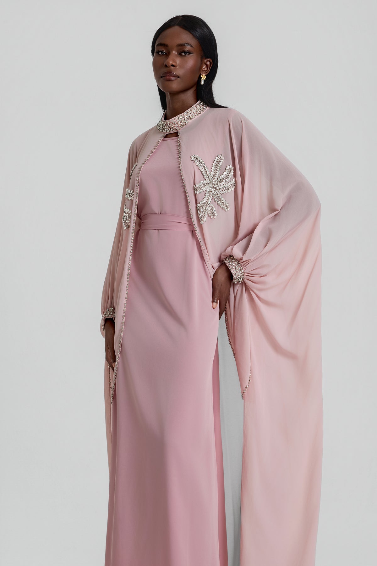 Rhinestone Rivets Batwing Sleeve Maxi Dress With Cape