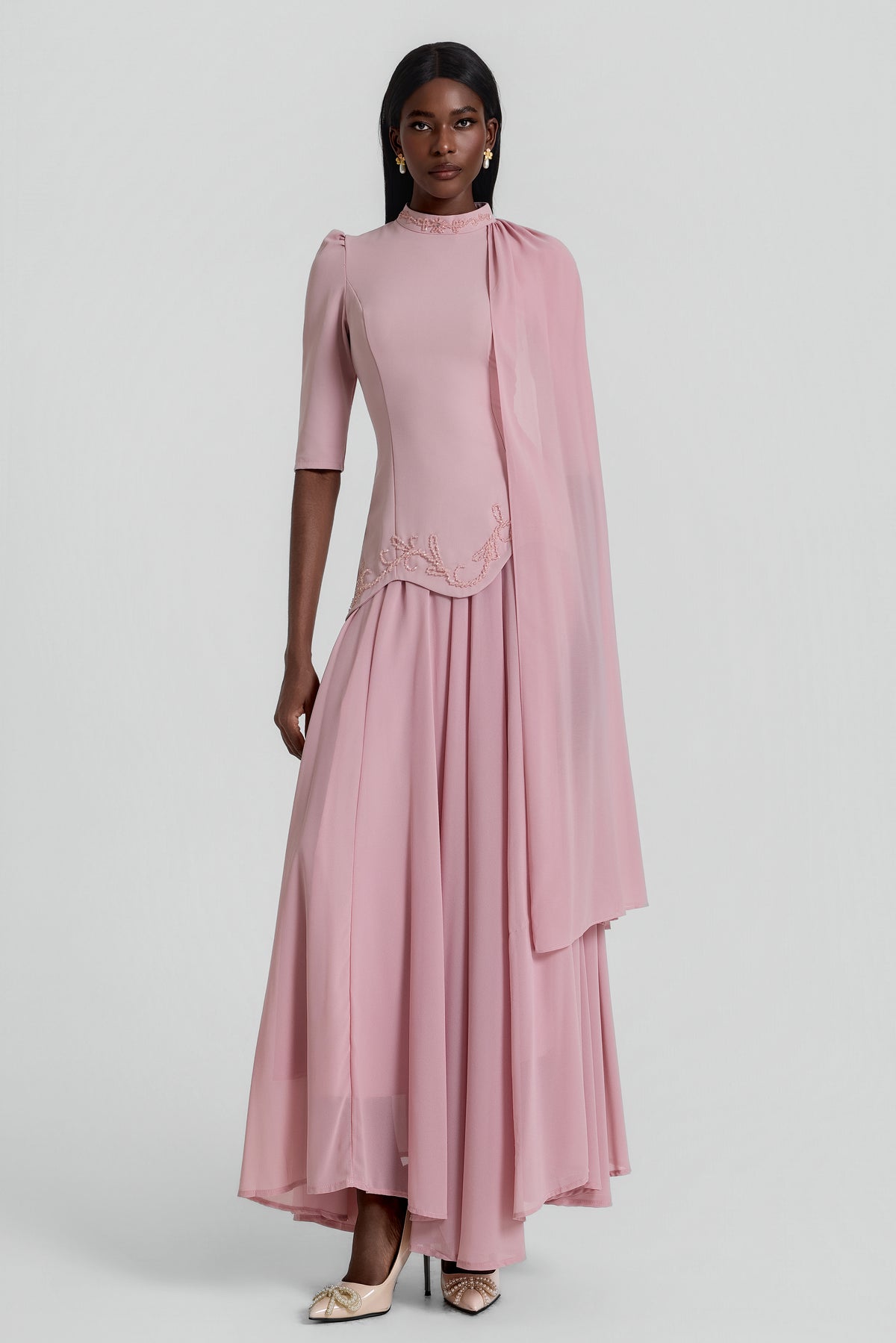 Beaded Cape Top & Mid Waist Maxi Skirt Set