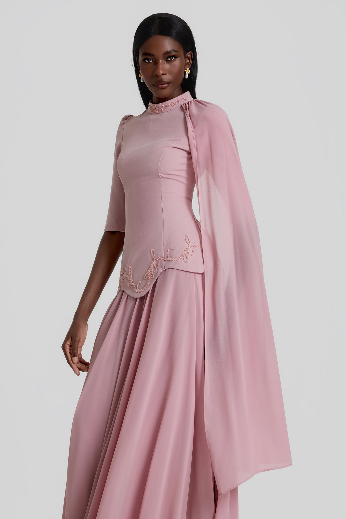 Beaded Cape Top & Mid Waist Maxi Skirt Set