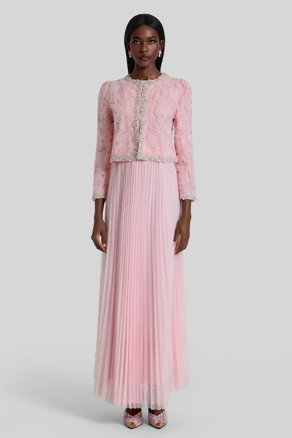 Nail Bead Embroidery Top & Mid Waist Maxi Skirt Set