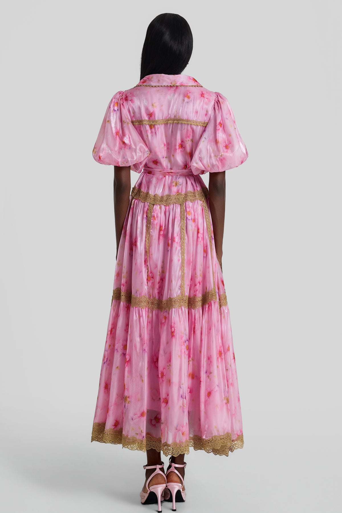 Floral Puff Sleeve Lace Trim Midi Dress With Belt