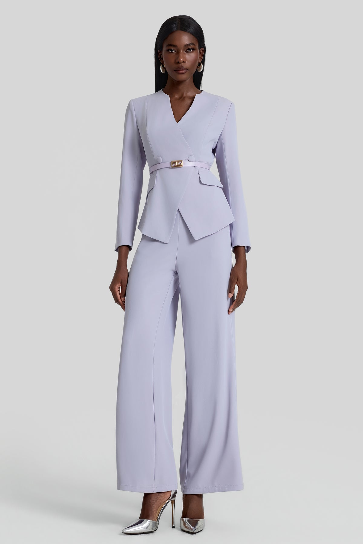 V-Neck Blazer With Belt & High Waist Pants Set