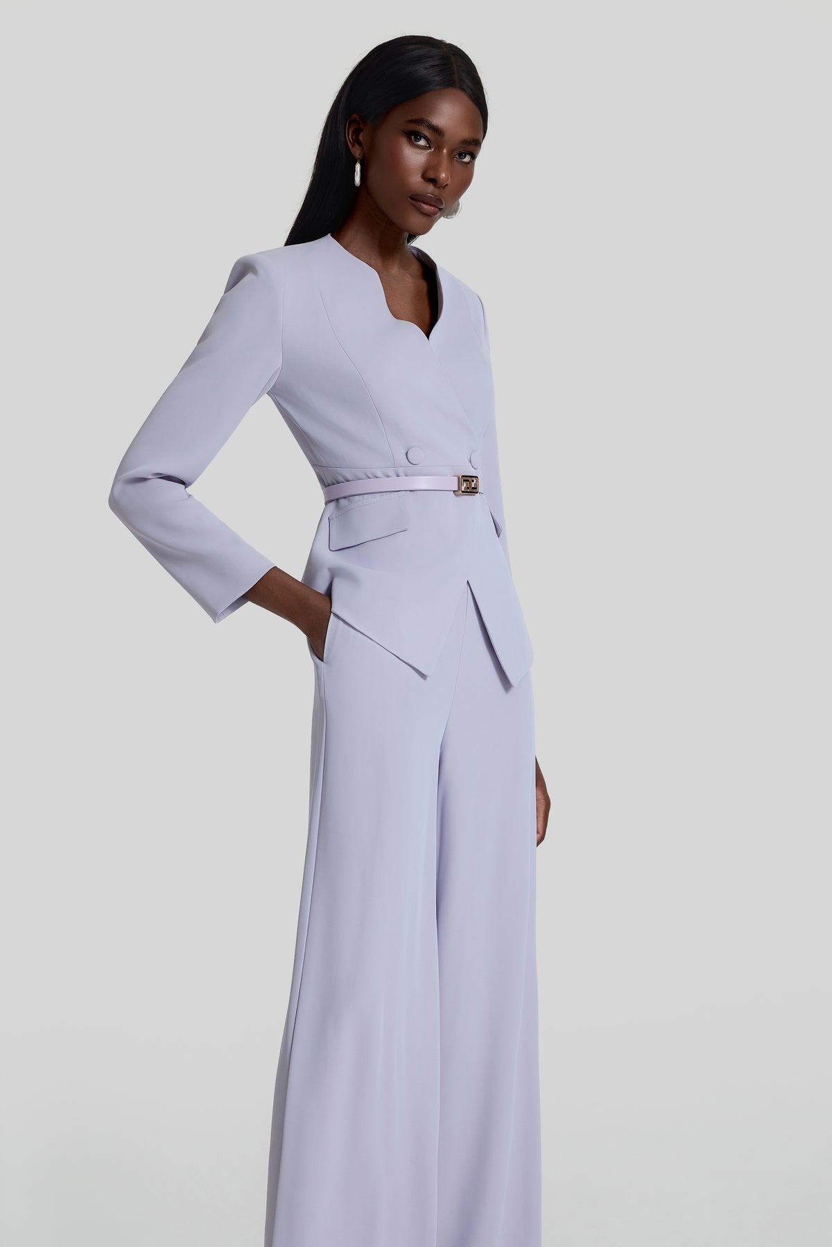 V-Neck Blazer With Belt & High Waist Pants Set