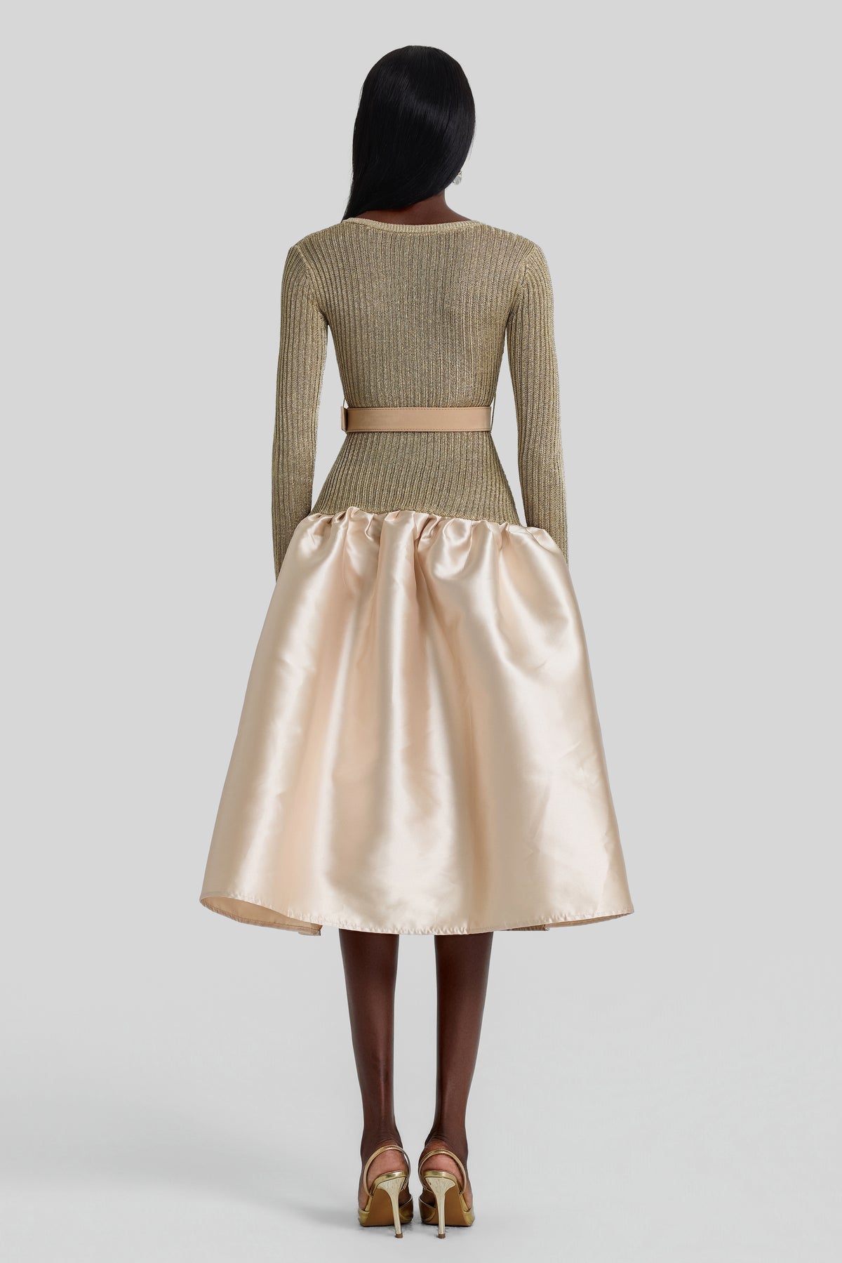 Knit Splicing Satin Midi Dress With Belt