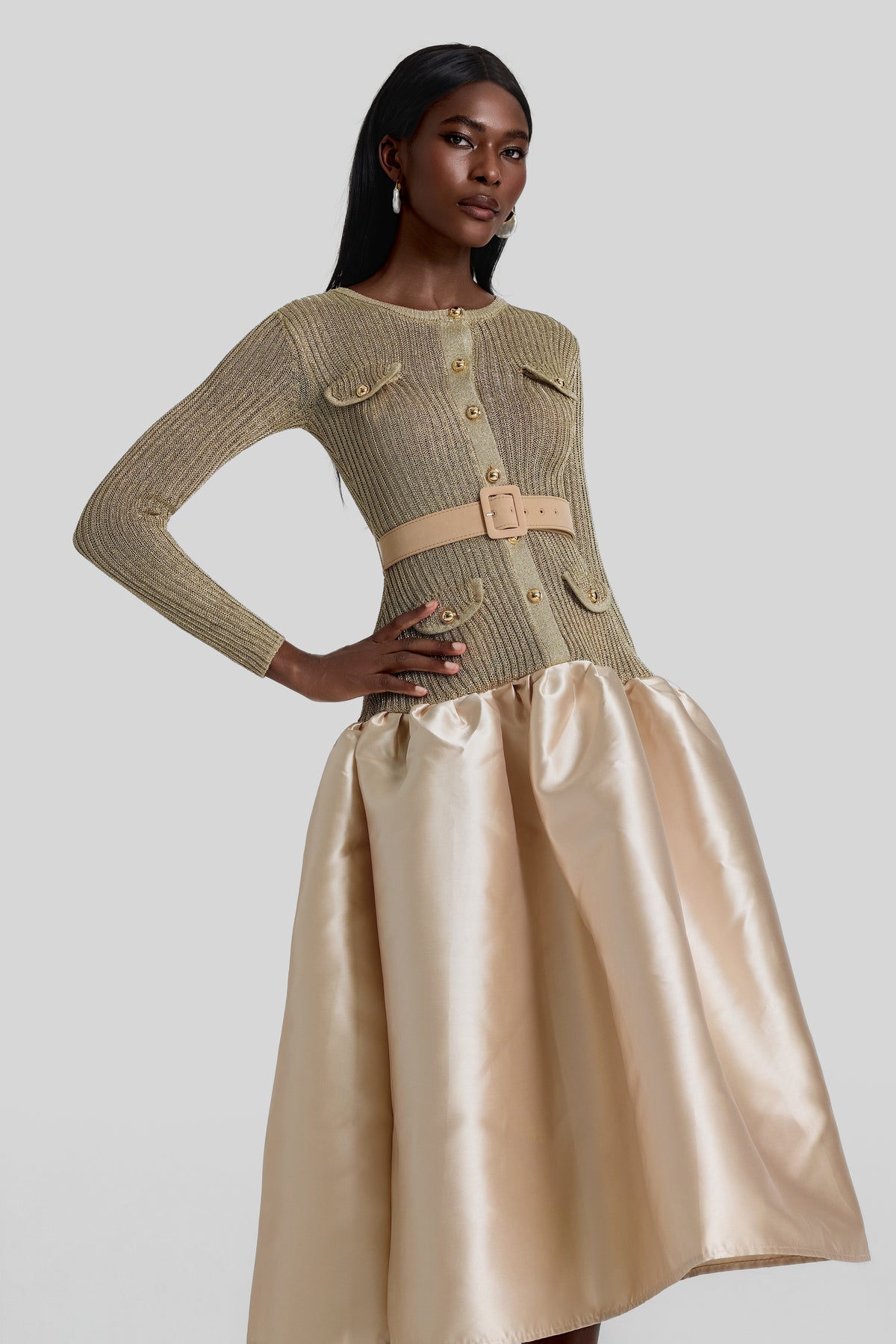 Knit Splicing Satin Midi Dress With Belt