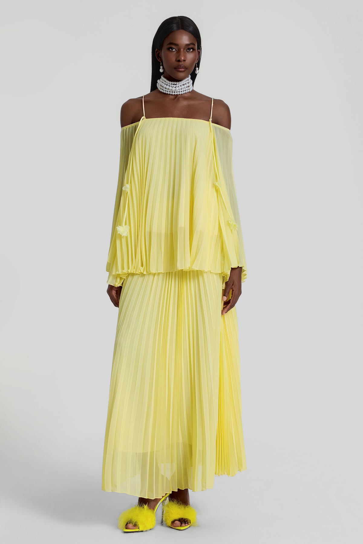 Off Shoulder Pleated Top & High Waist Midi Skirt Set