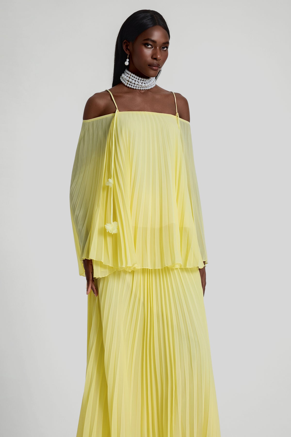 Off Shoulder Pleated Top & High Waist Midi Skirt Set