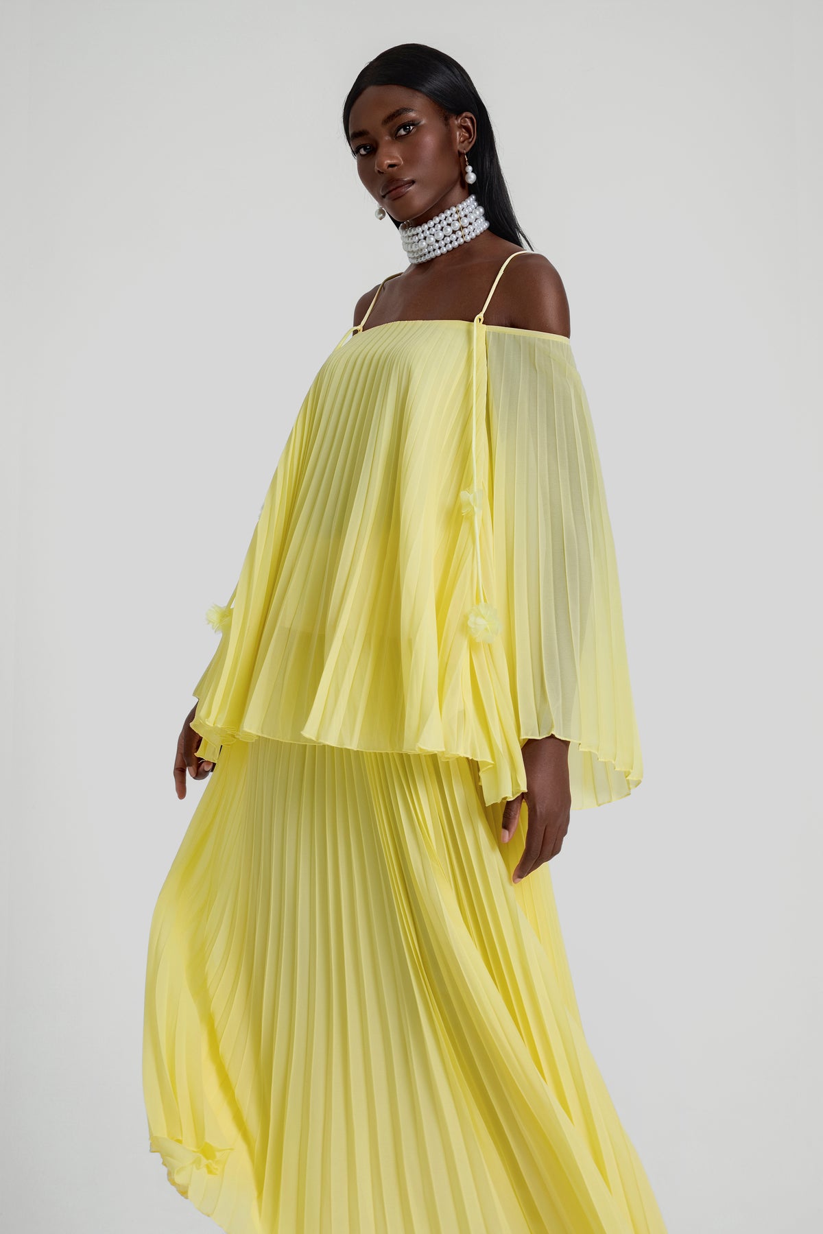 Off Shoulder Pleated Top & High Waist Midi Skirt Set