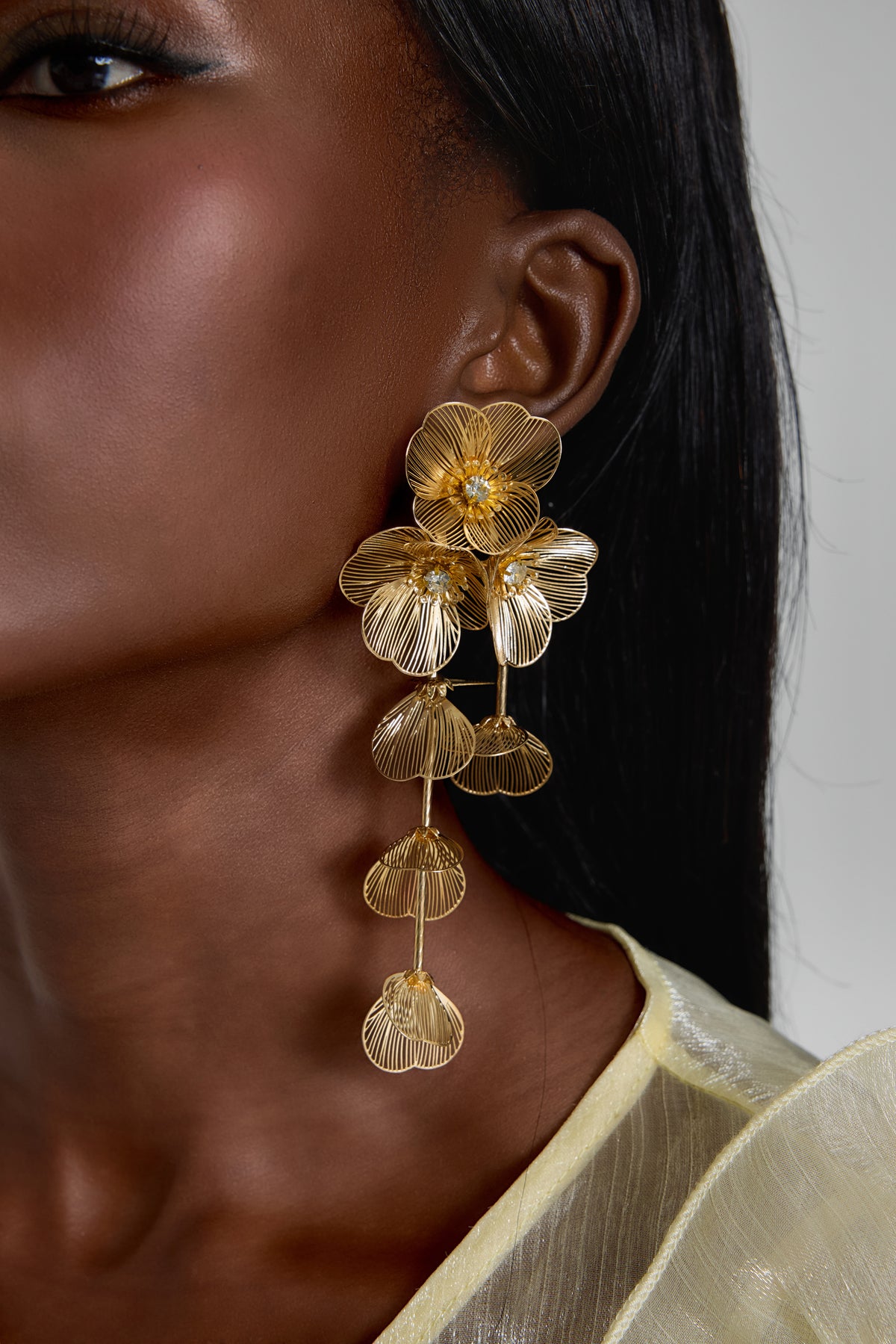 Gold Filigree Crystal 3D Floral Drop Earrings