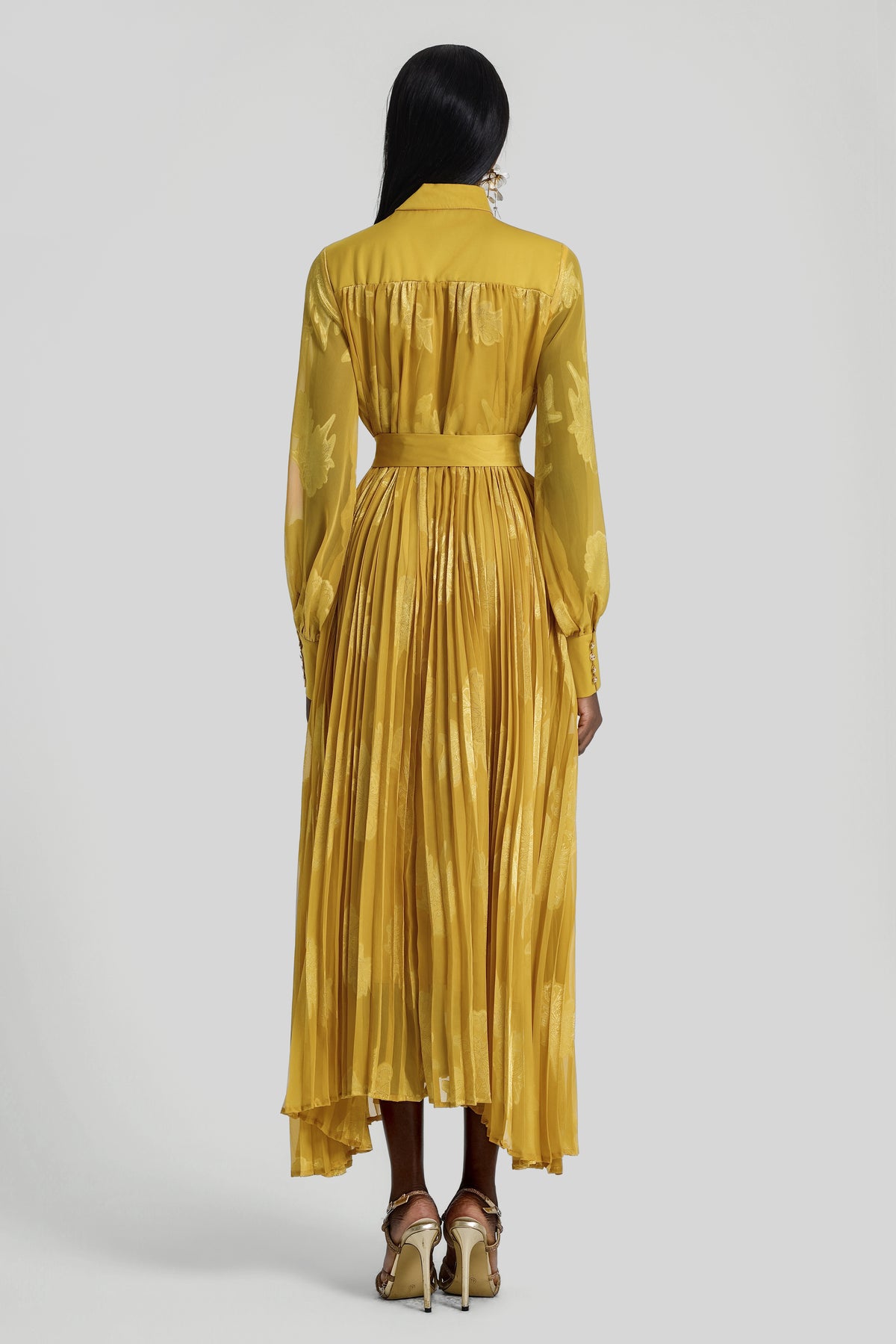 Jacquard Rhinestone Rivets Pleated Maxi Dress