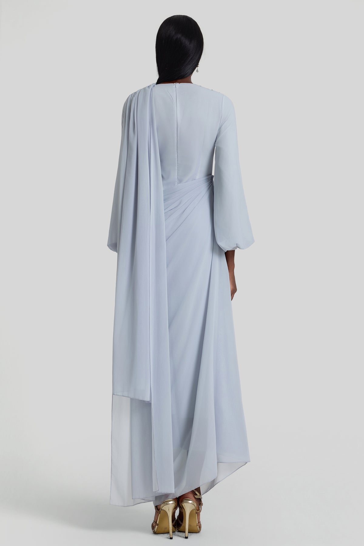 Rhinestone Lantern Sleeve Gathering Maxi Dress