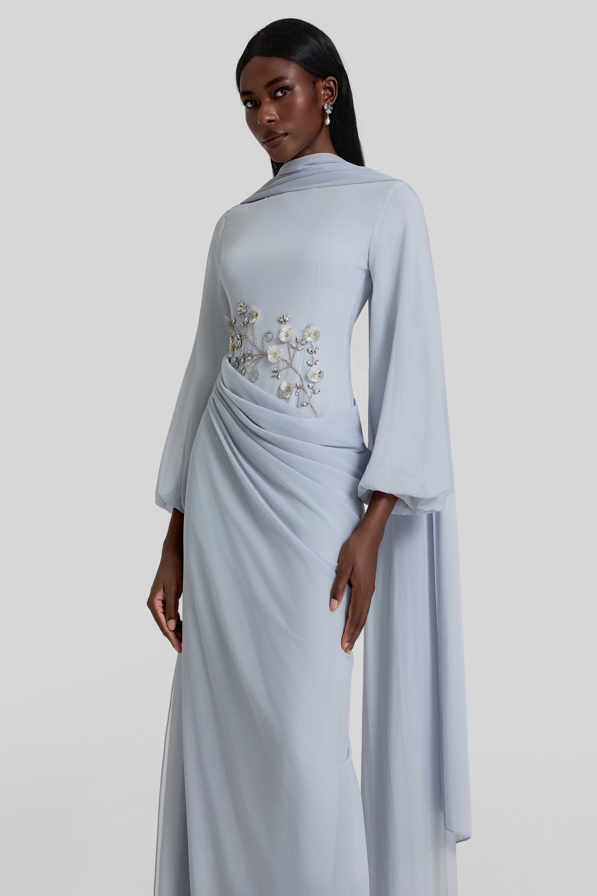 Rhinestone Lantern Sleeve Gathering Maxi Dress