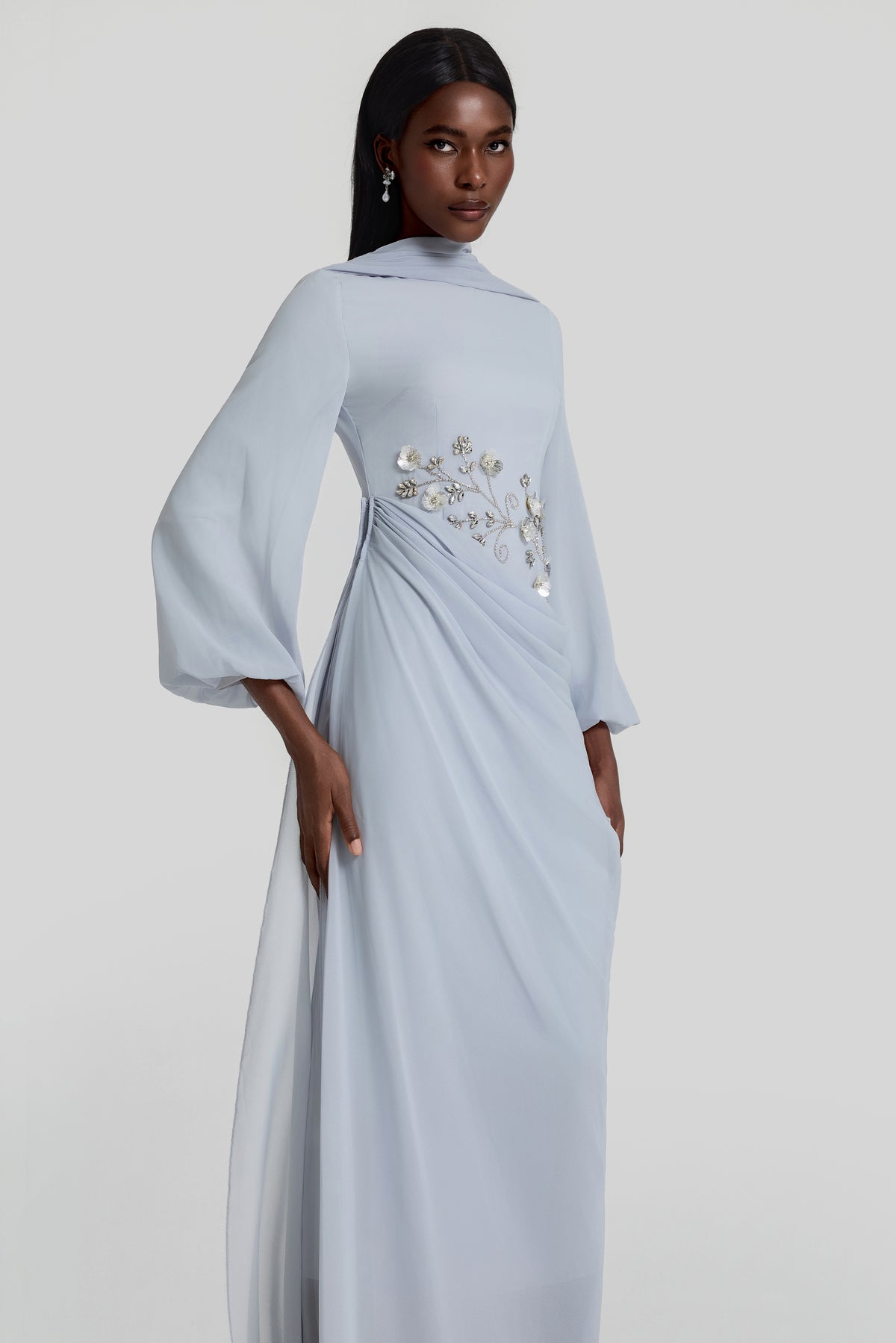 Rhinestone Lantern Sleeve Gathering Maxi Dress