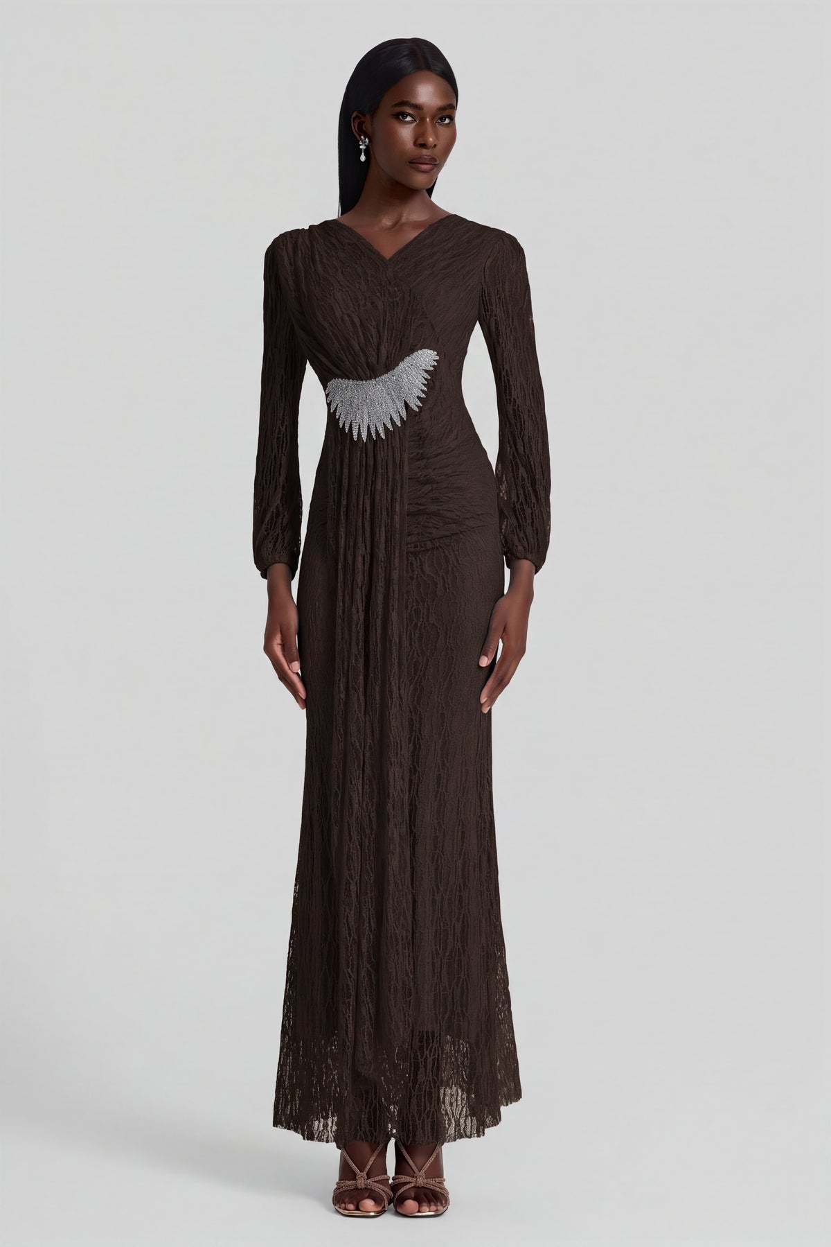 Lace Rhinestone Rivets Gathering Maxi Dress
