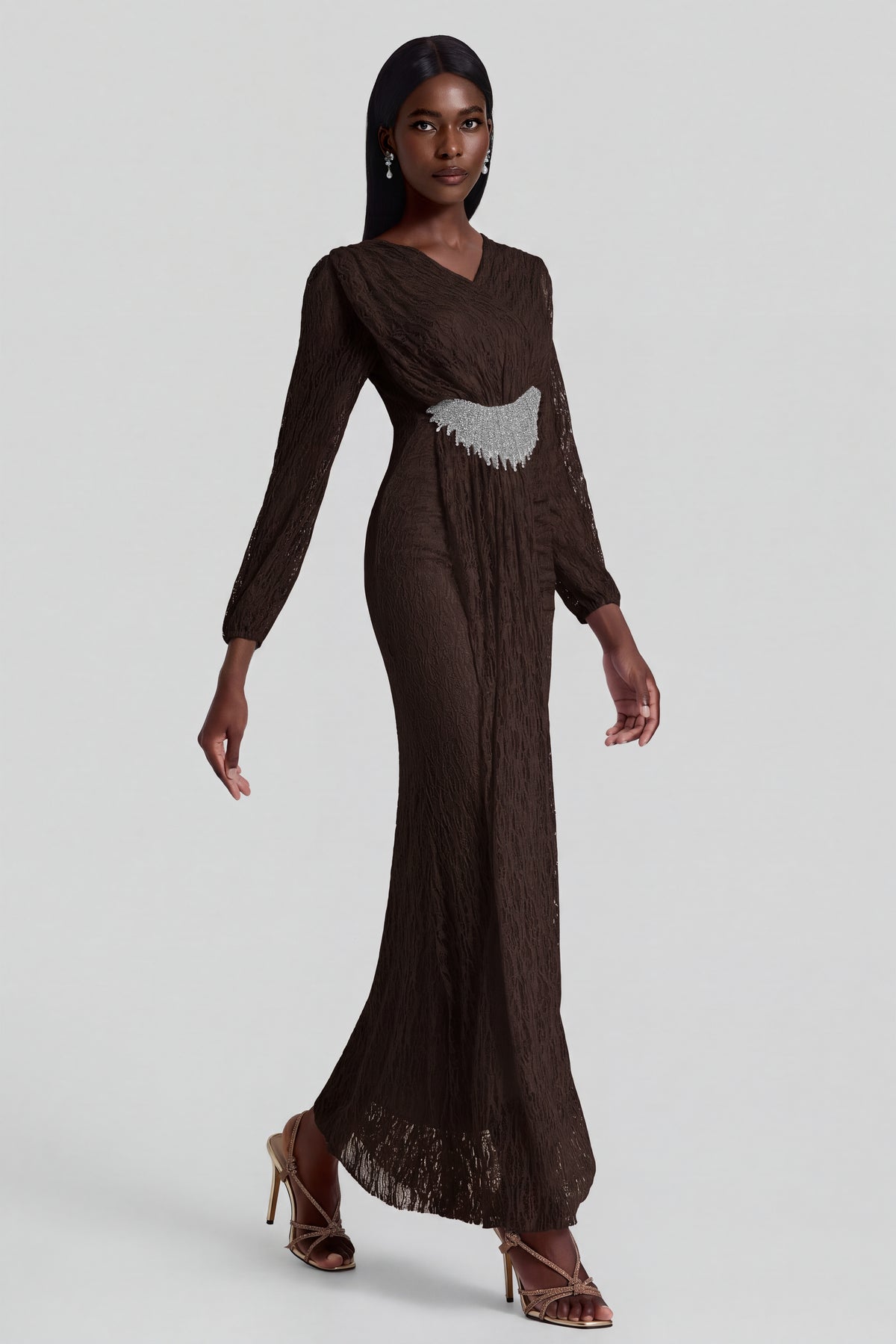 Lace Rhinestone Rivets Gathering Maxi Dress
