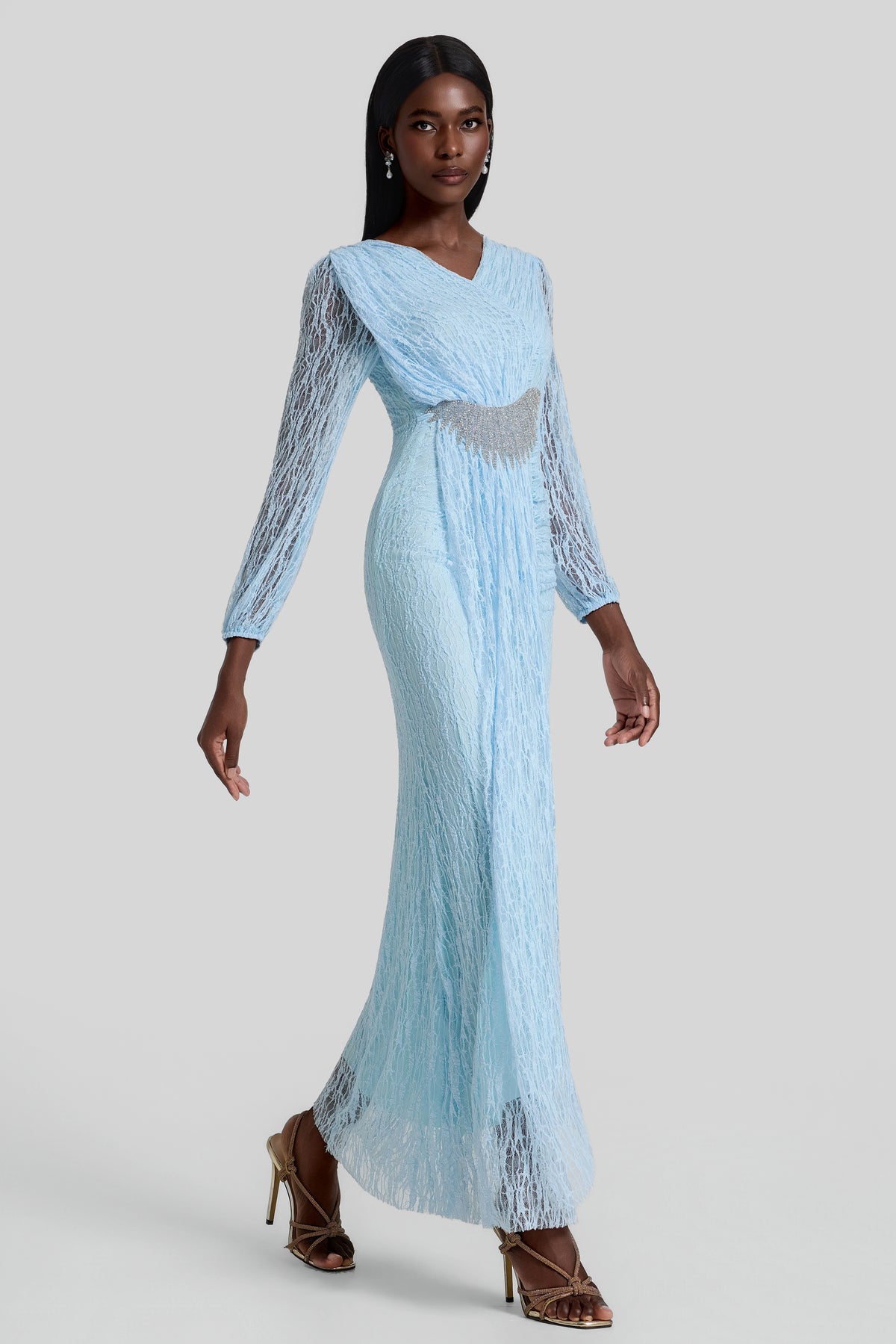 Lace Rhinestone Rivets Gathering Maxi Dress