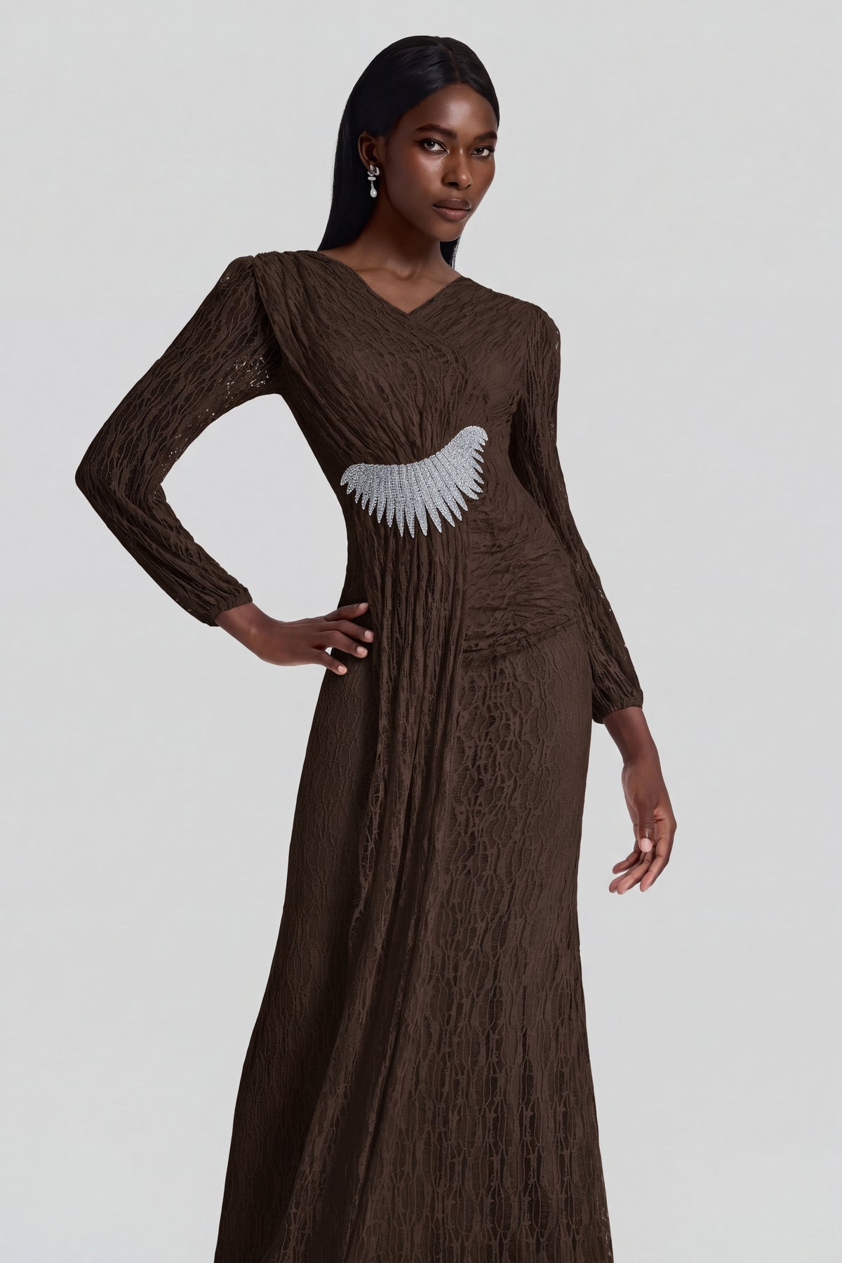 Lace Rhinestone Rivets Gathering Maxi Dress