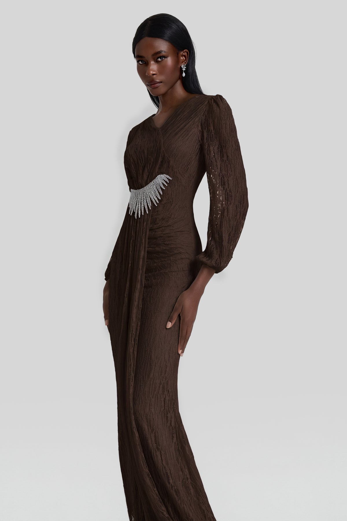 Lace Rhinestone Rivets Gathering Maxi Dress