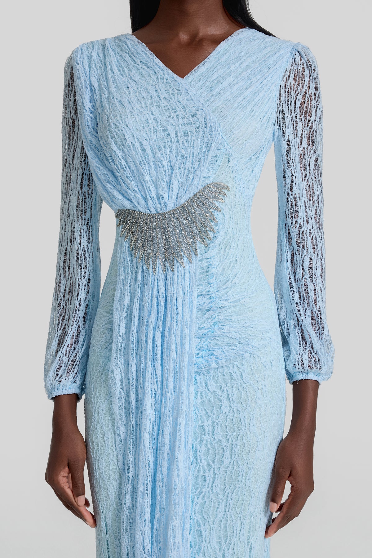 Lace Rhinestone Rivets Gathering Maxi Dress