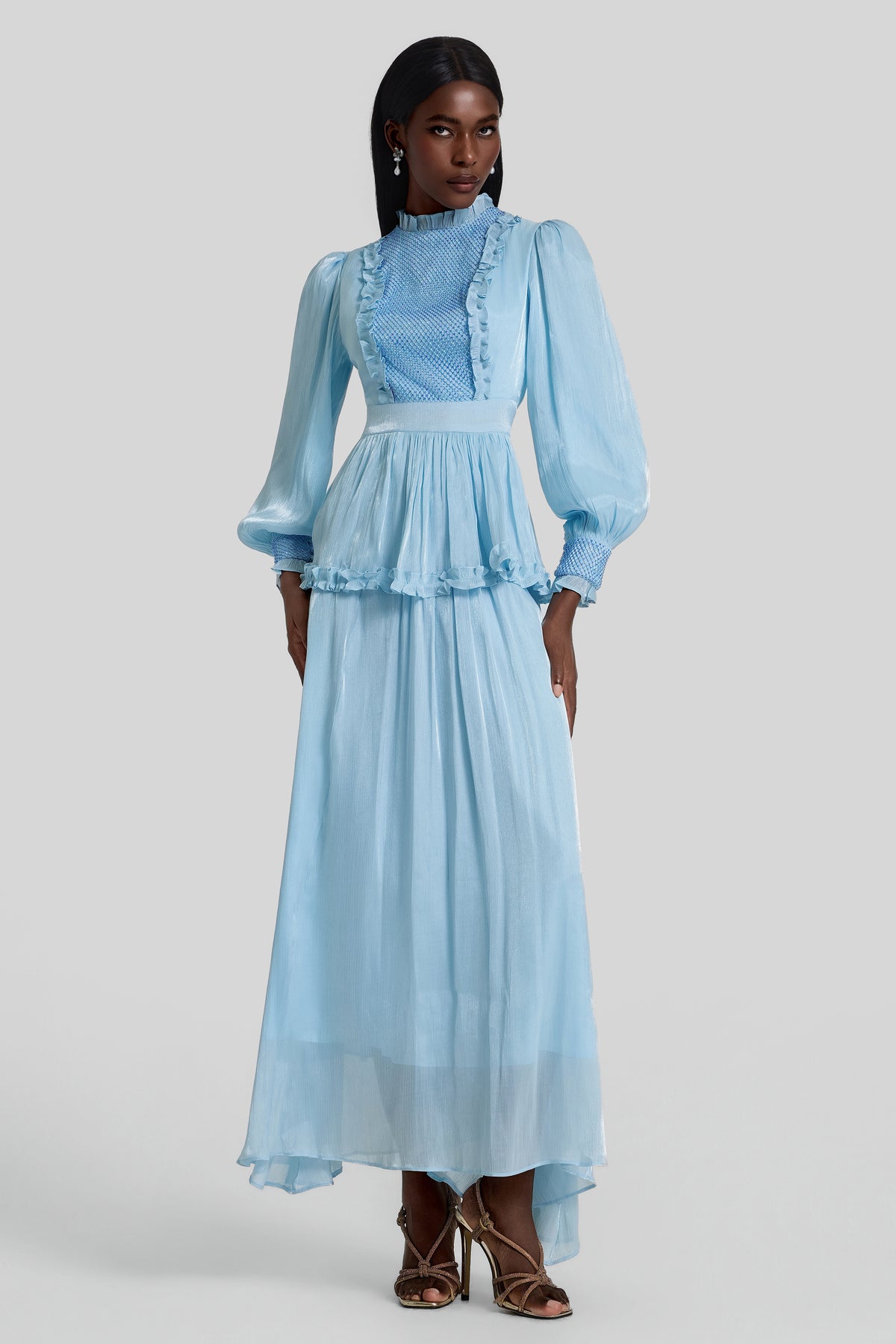 Rhinestone Gathering Frill Midi Dress