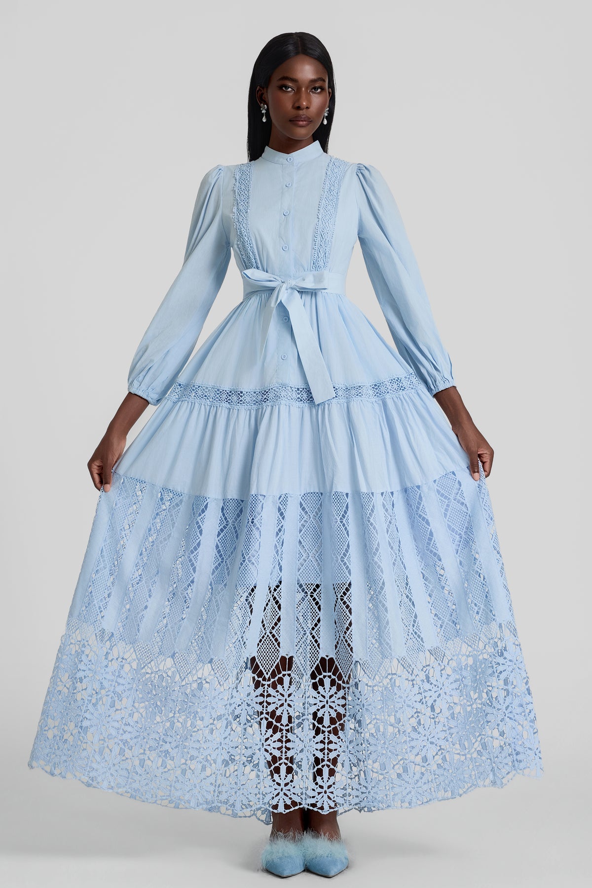 Lace Lantern Sleeve Button Maxi Dress