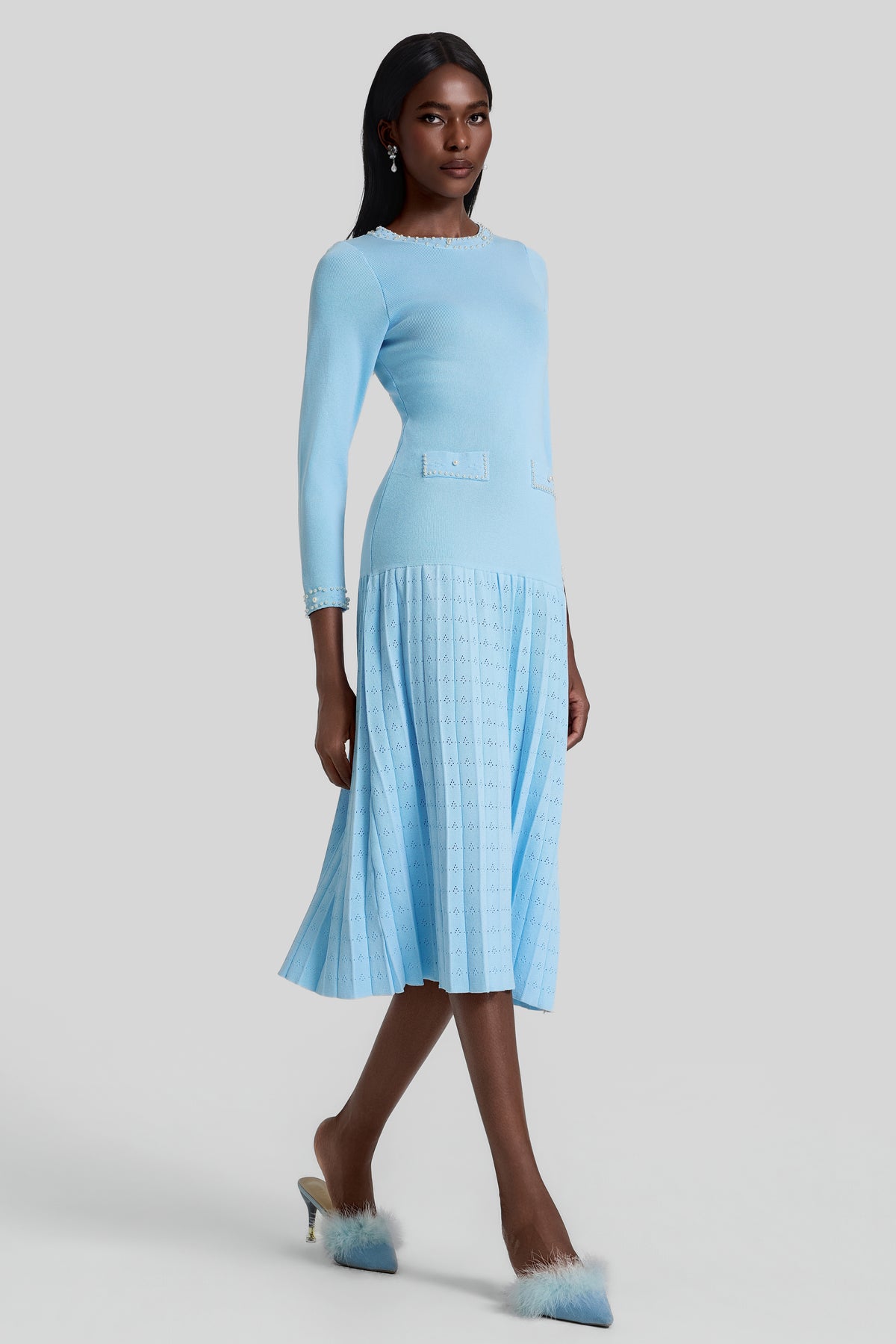 Knit Pleated Faux Pearl Midi Dress