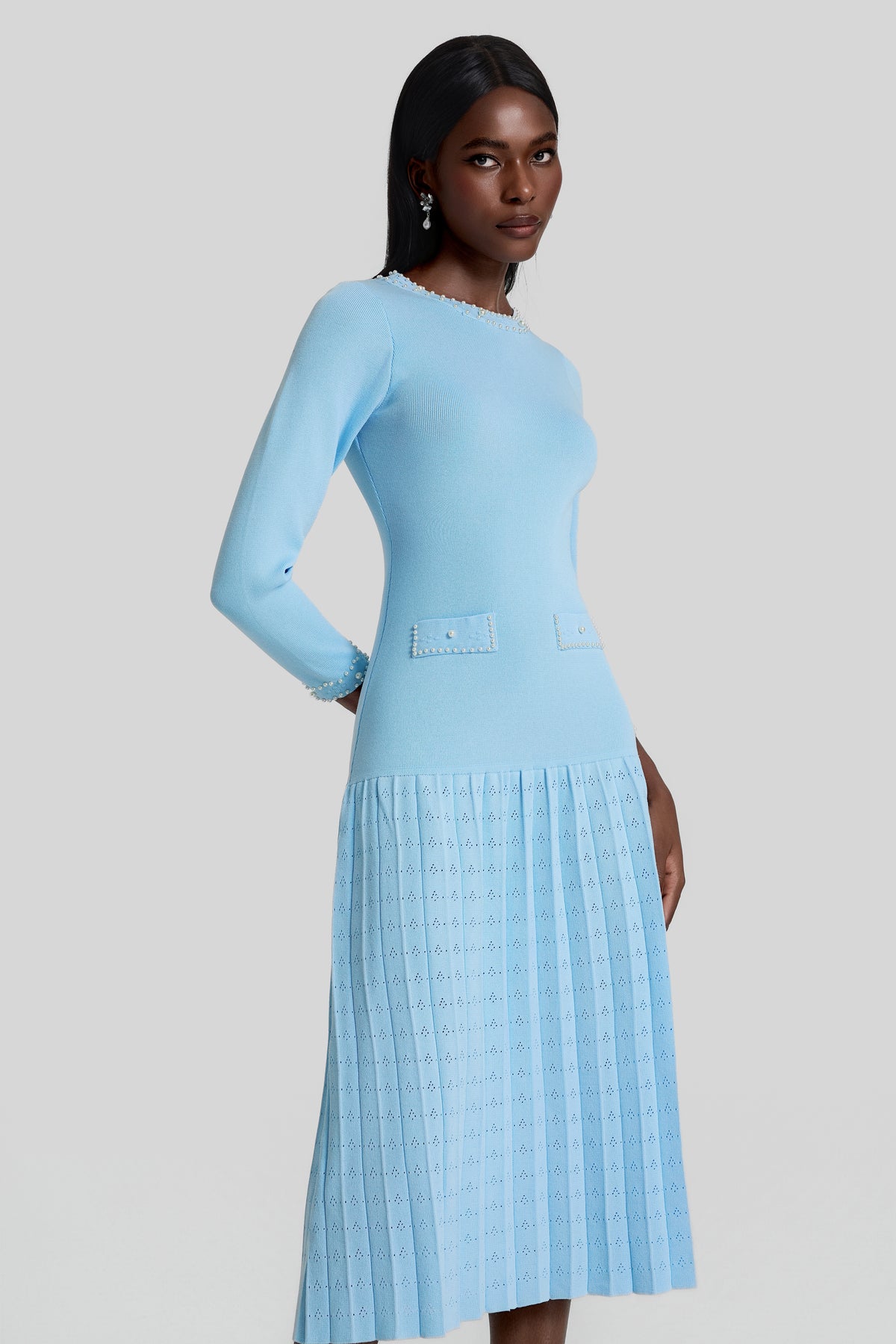 Knit Pleated Faux Pearl Midi Dress
