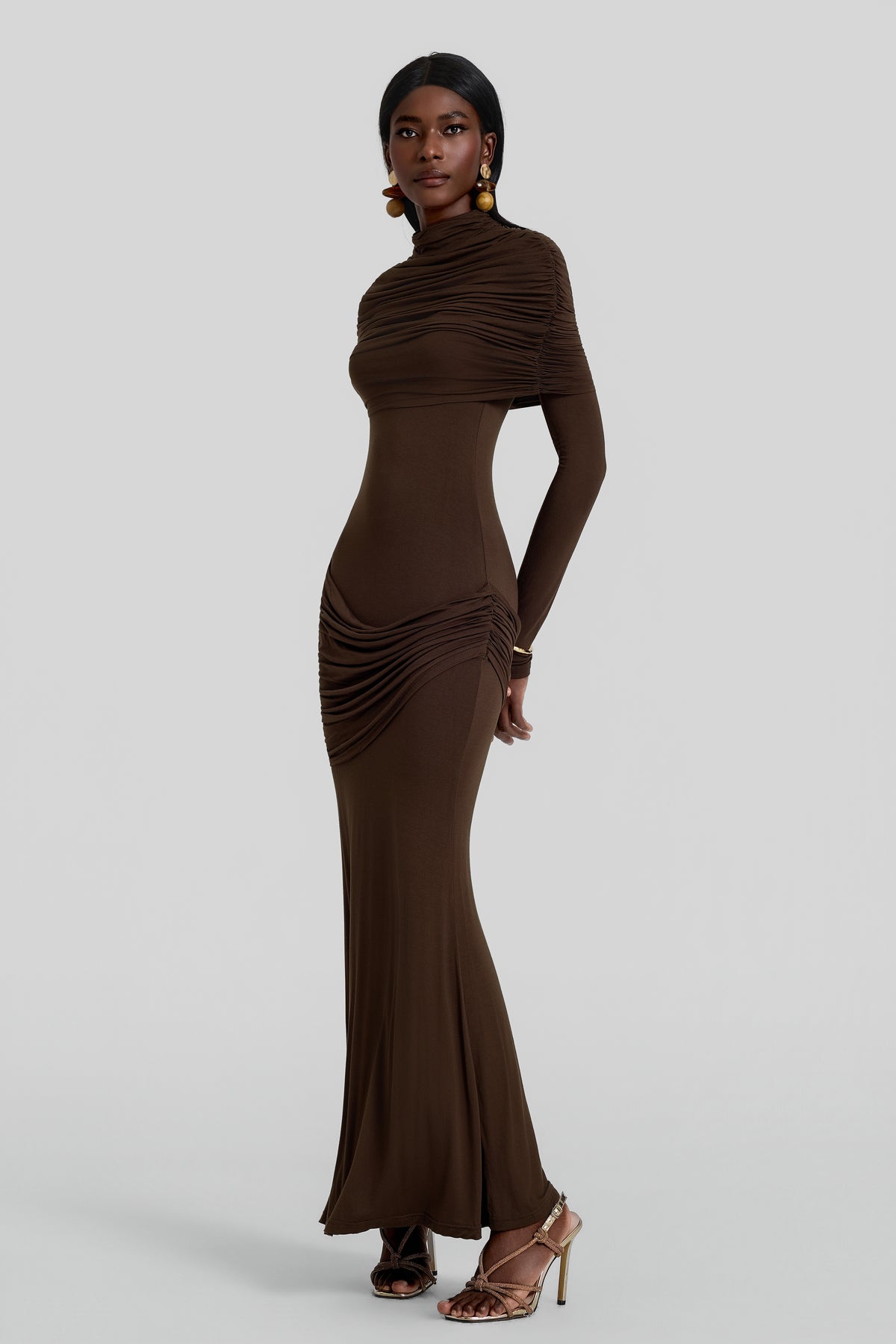 Gathering Long Sleeve Maxi Dress With Cape