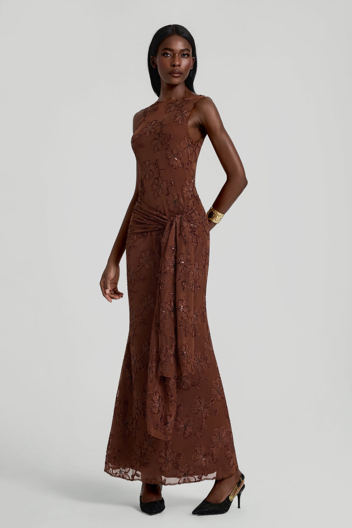 Mesh Embroidered Lace-Up Maxi Dress