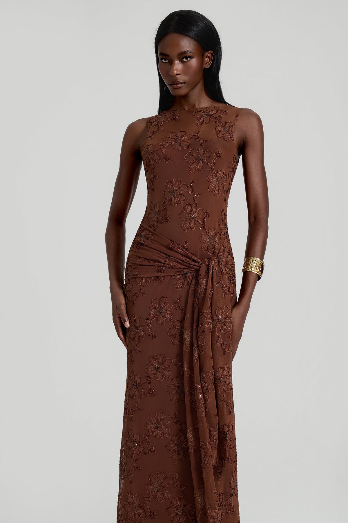 Mesh Embroidered Lace-Up Maxi Dress