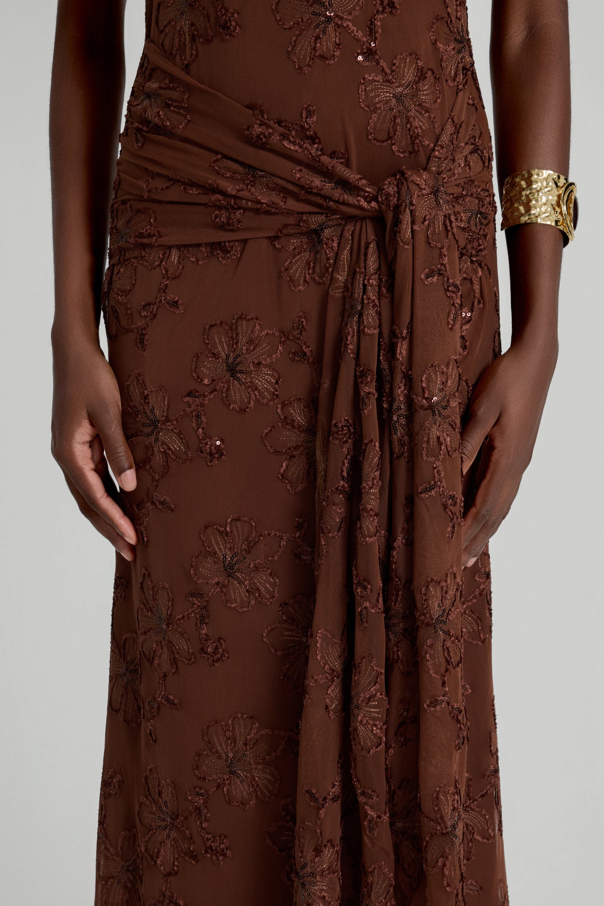Mesh Embroidered Lace-Up Maxi Dress
