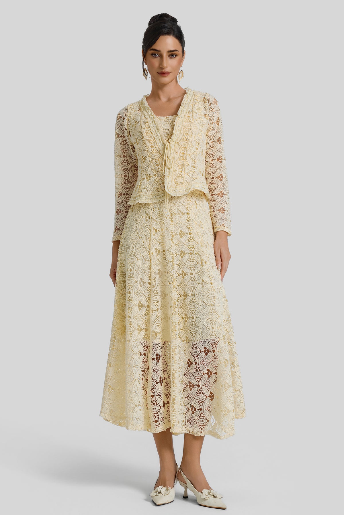 Slip Midi Dress With Lace Lace-Up Cardigan