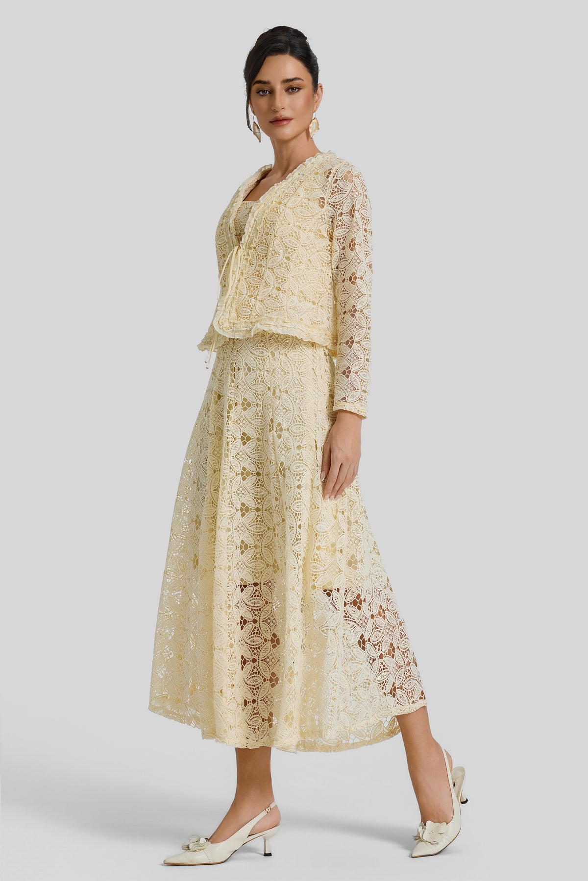 Slip Midi Dress With Lace Lace-Up Cardigan