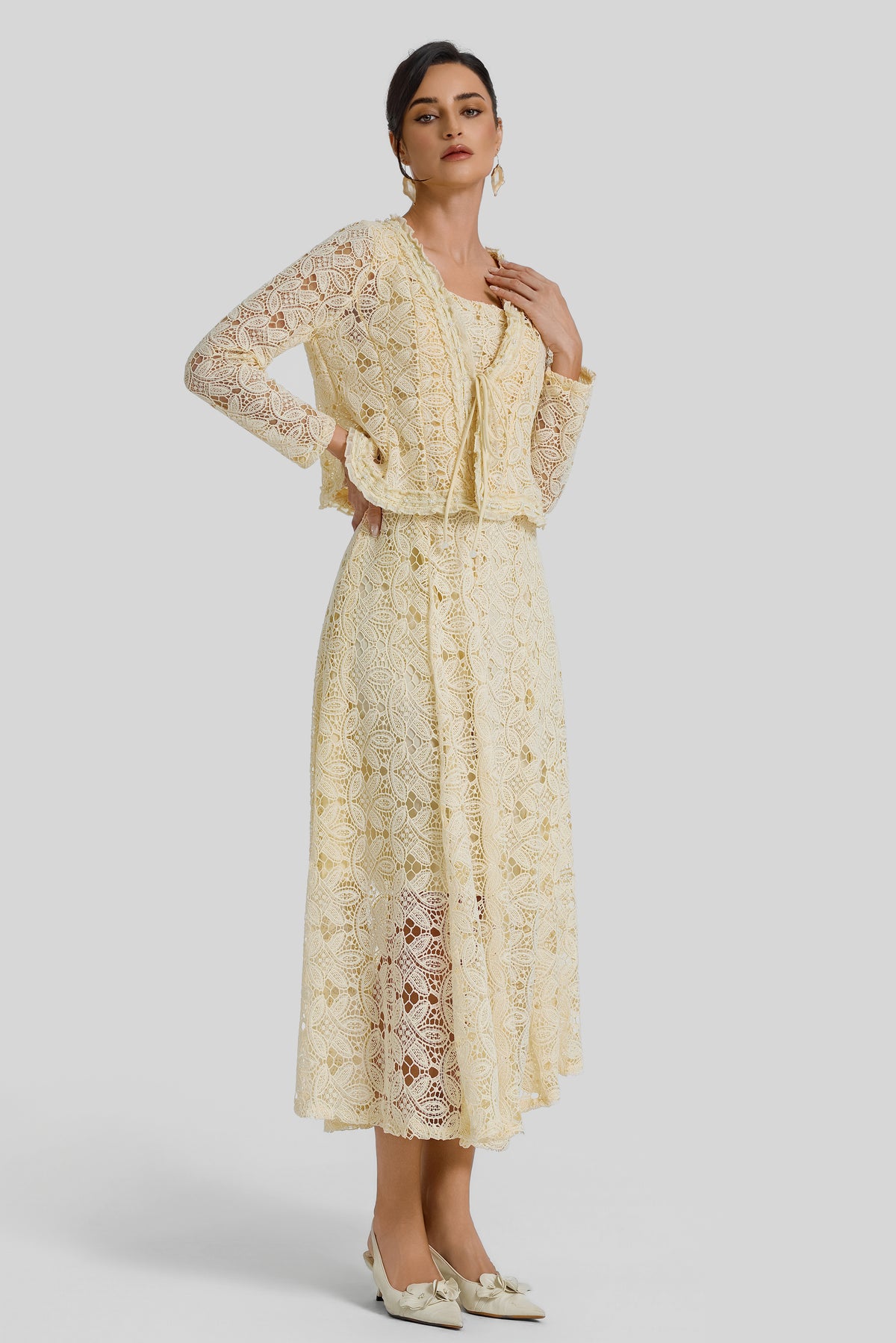 Slip Midi Dress With Lace Lace-Up Cardigan