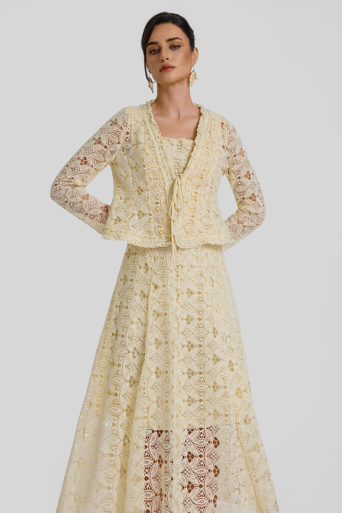 Slip Midi Dress With Lace Lace-Up Cardigan