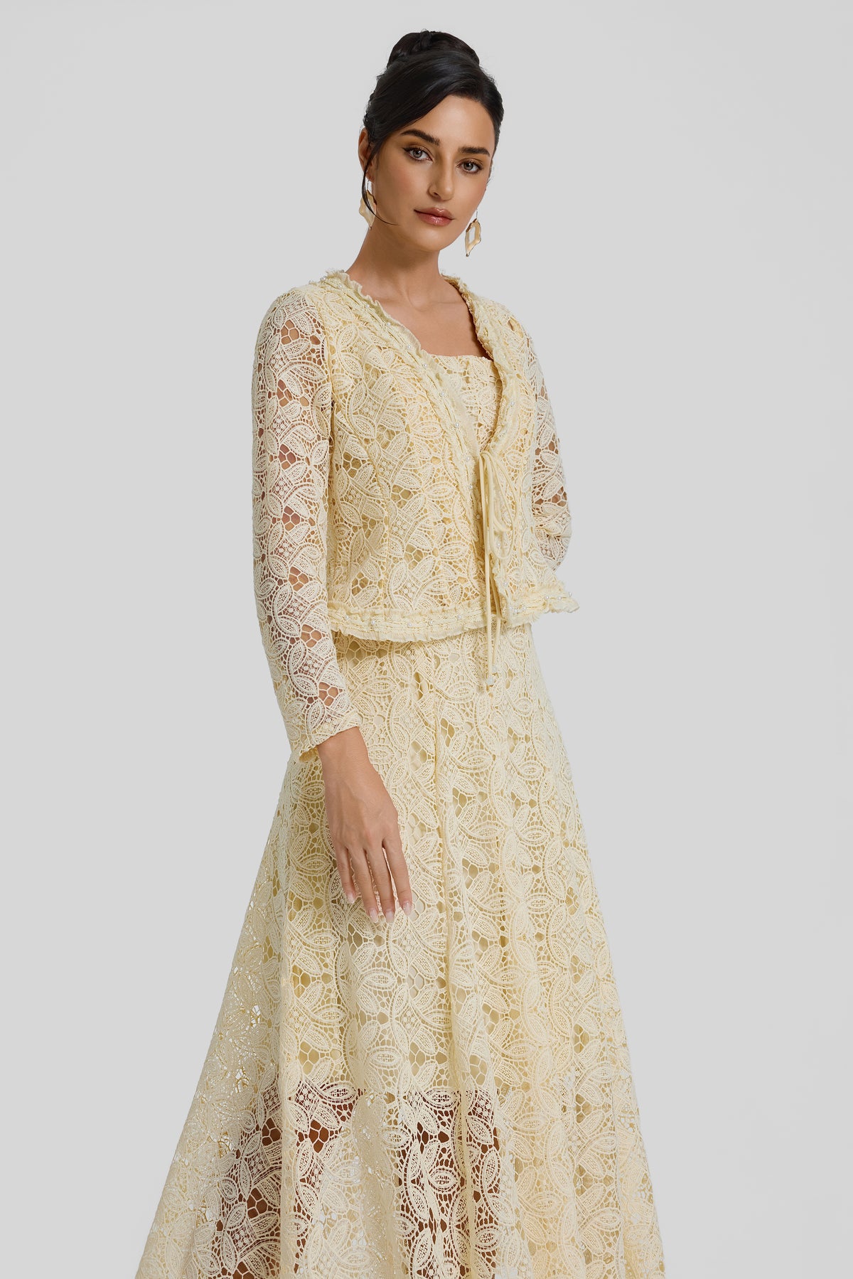 Slip Midi Dress With Lace Lace-Up Cardigan