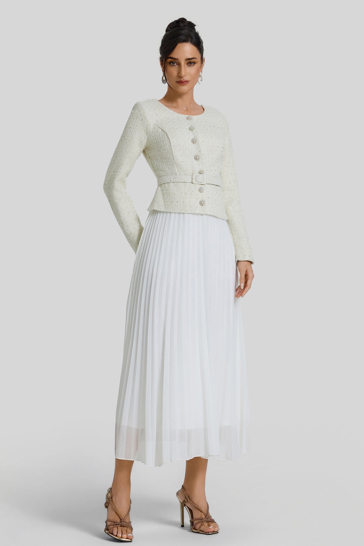 Sequin Pleated Midi Dress With Belt