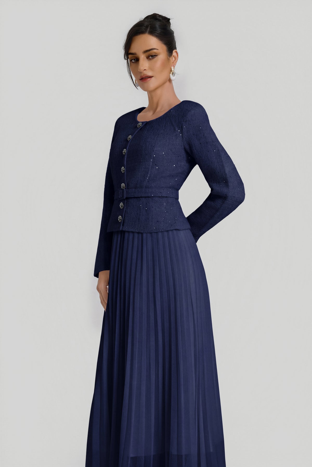 Sequin Pleated Midi Dress With Belt