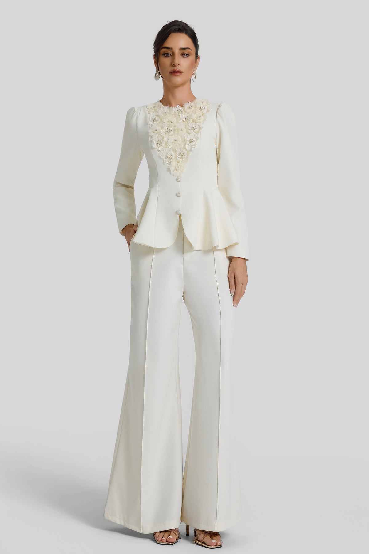 3D Flower Beaded Top & High Waist Pants Set