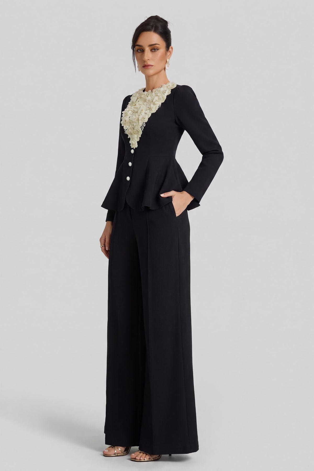 3D Flower Beaded Top & High Waist Pants Set