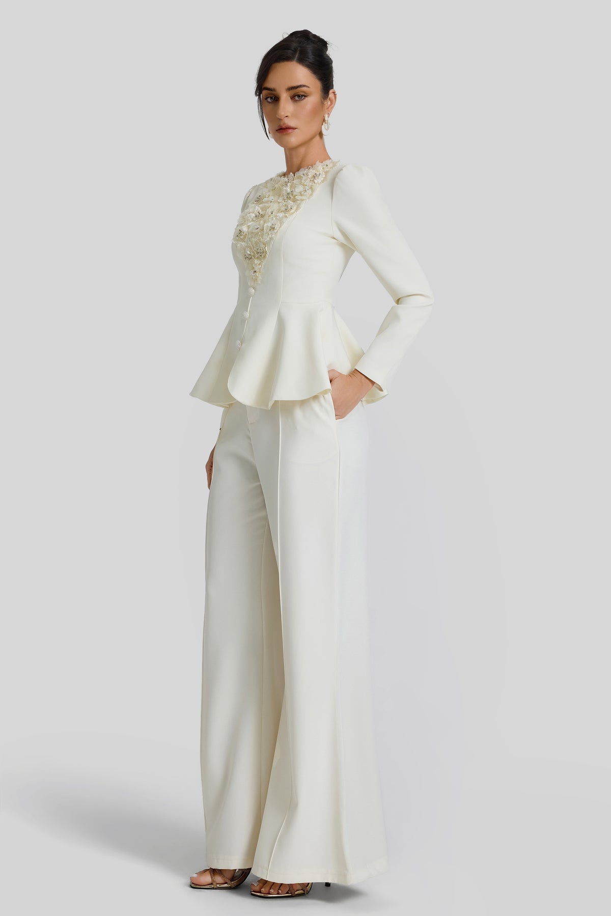3D Flower Beaded Top & High Waist Pants Set