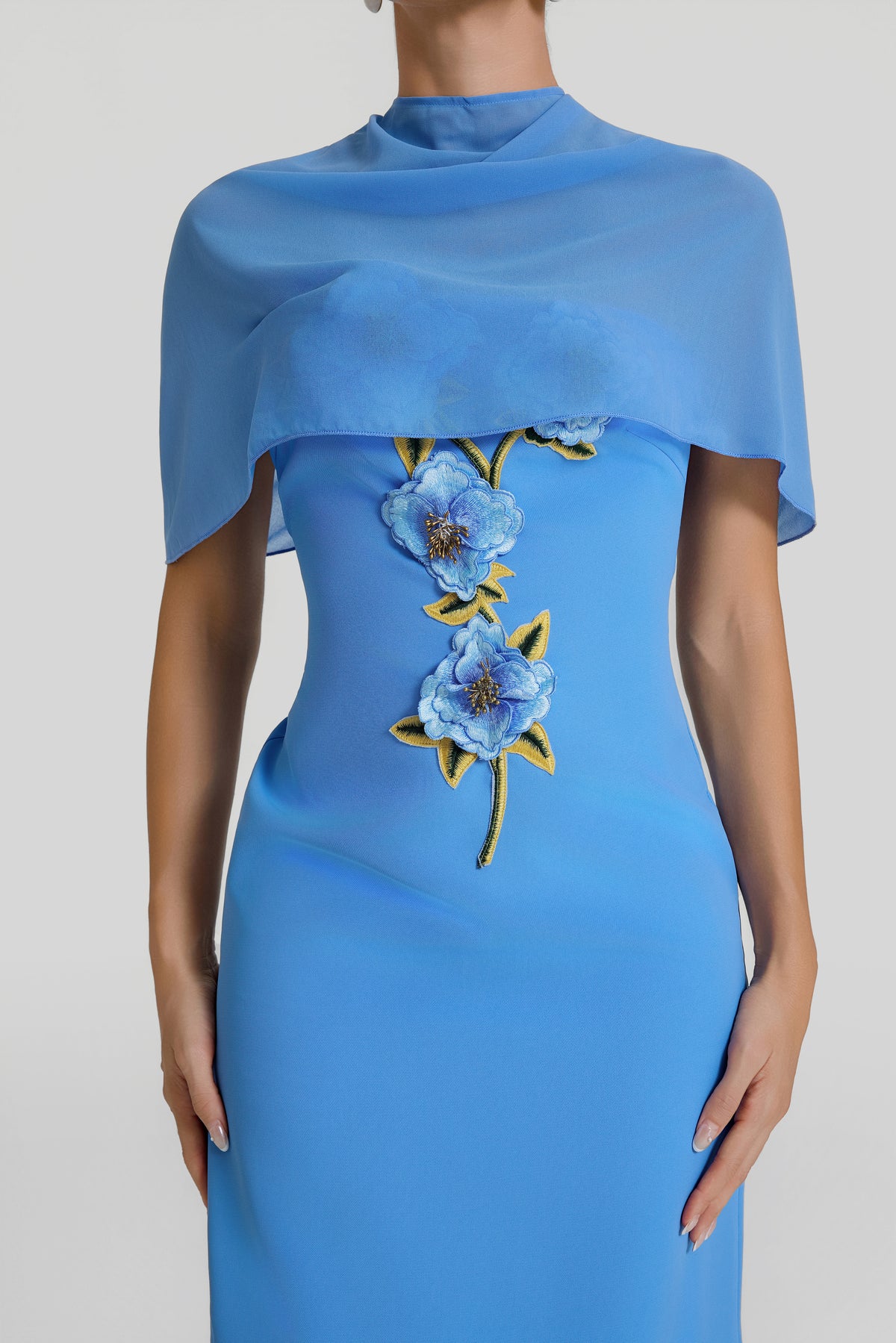 Embroidered Strapless Maxi Dress With Cape