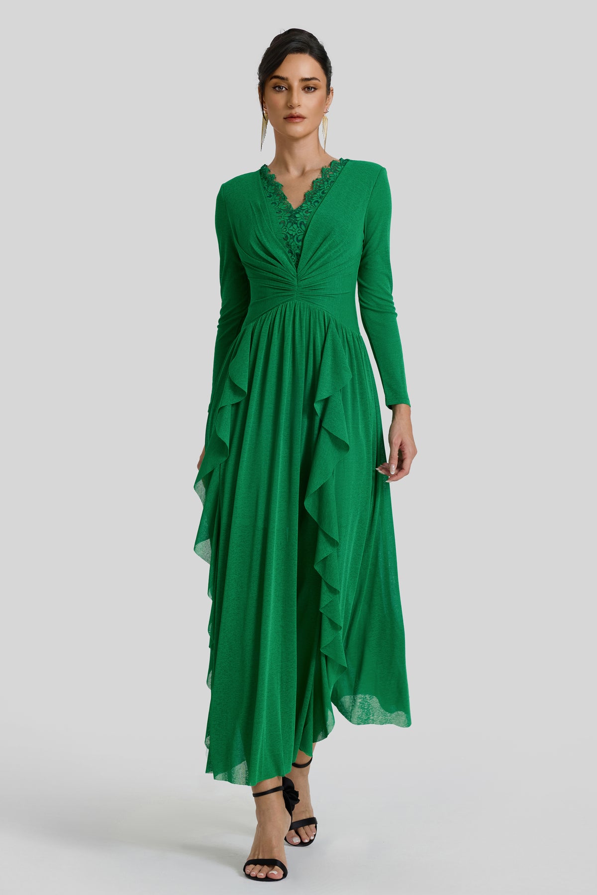 Ruffle Lace Splicing Gathering Midi Dress