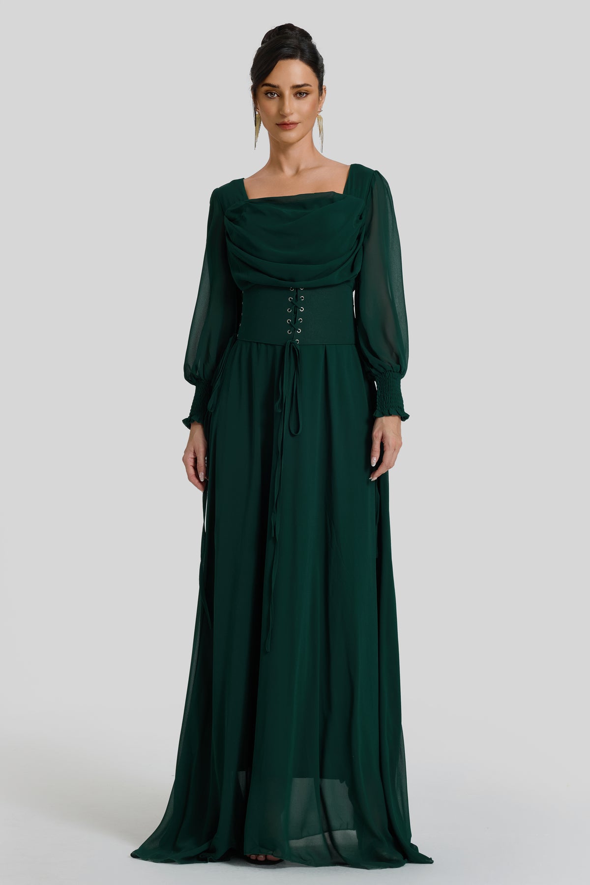 Square Collar Lantern Sleeve Maxi Dress With Corset